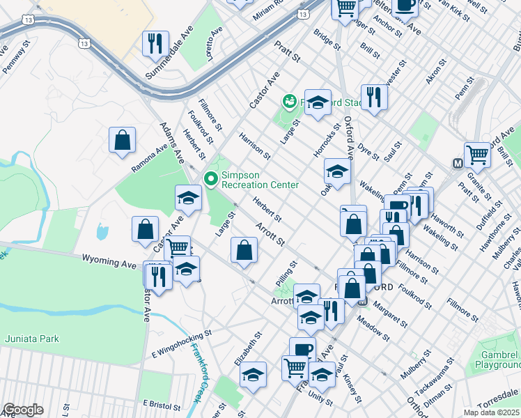 map of restaurants, bars, coffee shops, grocery stores, and more near 1132 Herbert Street in Philadelphia