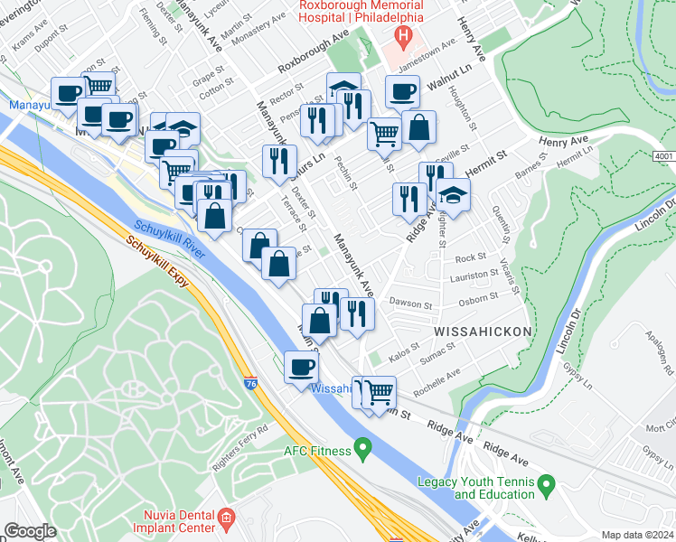 map of restaurants, bars, coffee shops, grocery stores, and more near Terrace Street in Philadelphia