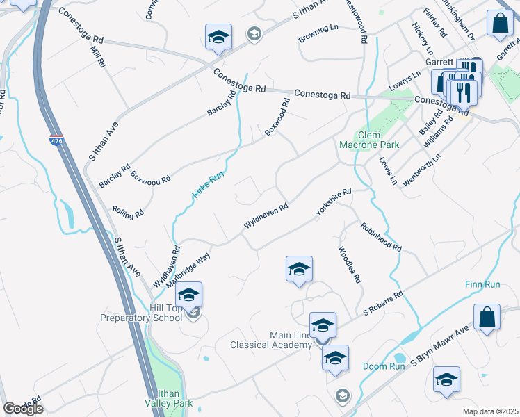 map of restaurants, bars, coffee shops, grocery stores, and more near 412 Wyldhaven Road in Bryn Mawr