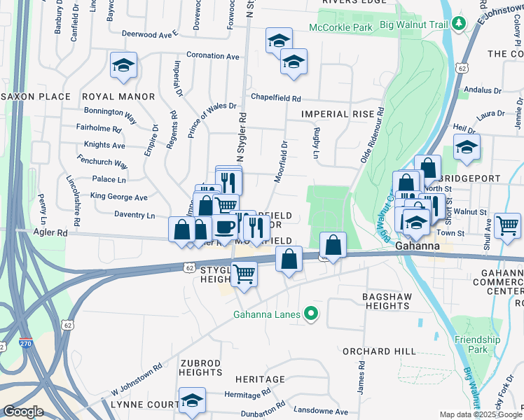 map of restaurants, bars, coffee shops, grocery stores, and more near 133 Moorfield Drive in Columbus