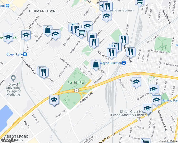 map of restaurants, bars, coffee shops, grocery stores, and more near W Apsley St & Fernhill Rd in Philadelphia