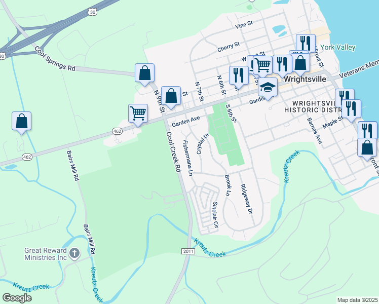 map of restaurants, bars, coffee shops, grocery stores, and more near 114 Fishermans Lane in Wrightsville