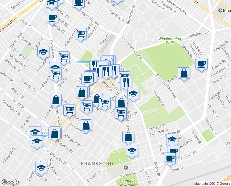map of restaurants, bars, coffee shops, grocery stores, and more near 5200 Duffield Street in Philadelphia