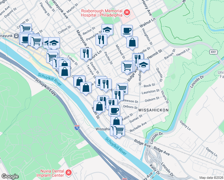 map of restaurants, bars, coffee shops, grocery stores, and more near Manayunk Avenue & West Salaignac Street in Philadelphia