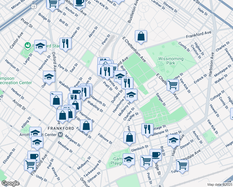 map of restaurants, bars, coffee shops, grocery stores, and more near 5200 Duffield Street in Philadelphia
