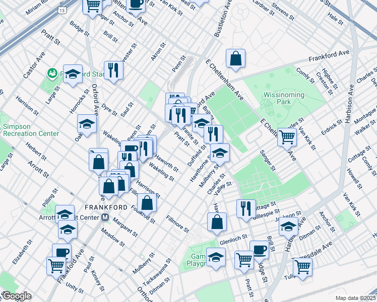 map of restaurants, bars, coffee shops, grocery stores, and more near 1665 Conklin Street in Philadelphia
