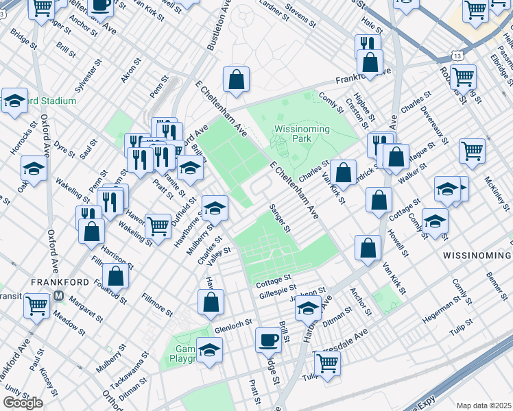 map of restaurants, bars, coffee shops, grocery stores, and more near 5374 Charles Street in Philadelphia