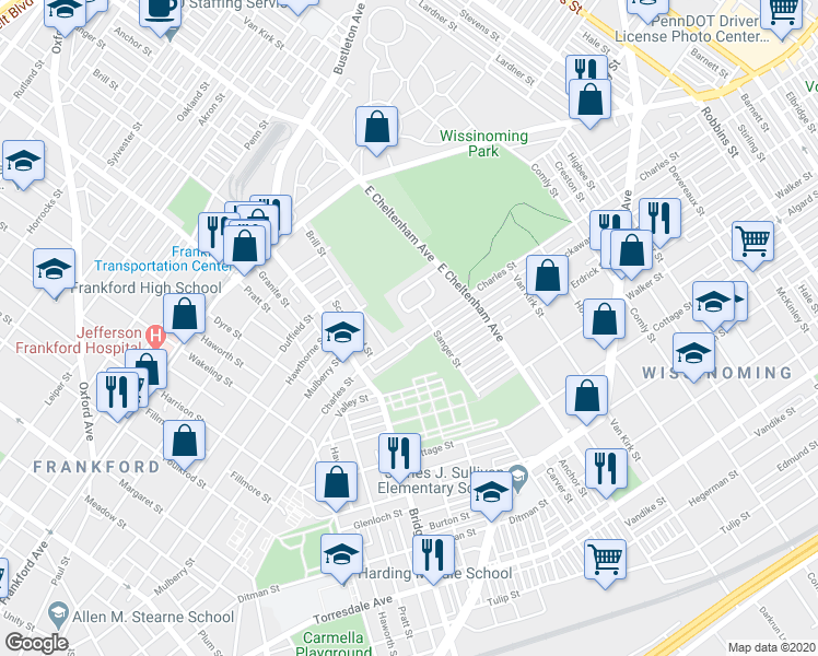 map of restaurants, bars, coffee shops, grocery stores, and more near 5374 Charles Street in Philadelphia