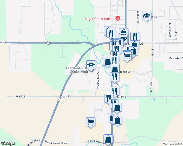 map of restaurants, bars, coffee shops, grocery stores, and more near 1 Athenian Drive in Crawfordsville