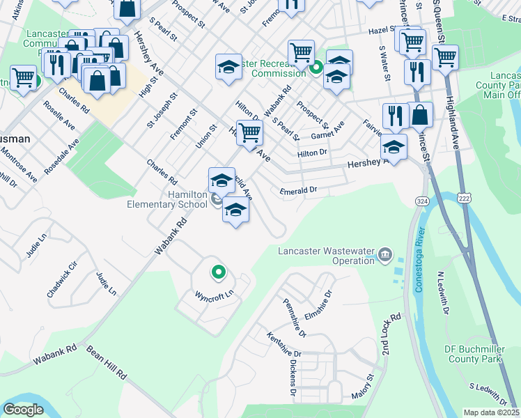 map of restaurants, bars, coffee shops, grocery stores, and more near 657 Euclid Avenue in Lancaster