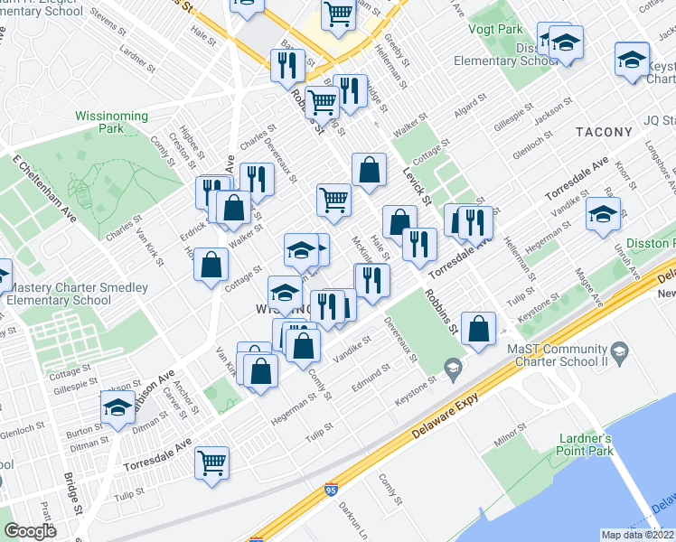 map of restaurants, bars, coffee shops, grocery stores, and more near 6132 Glenloch Street in Philadelphia