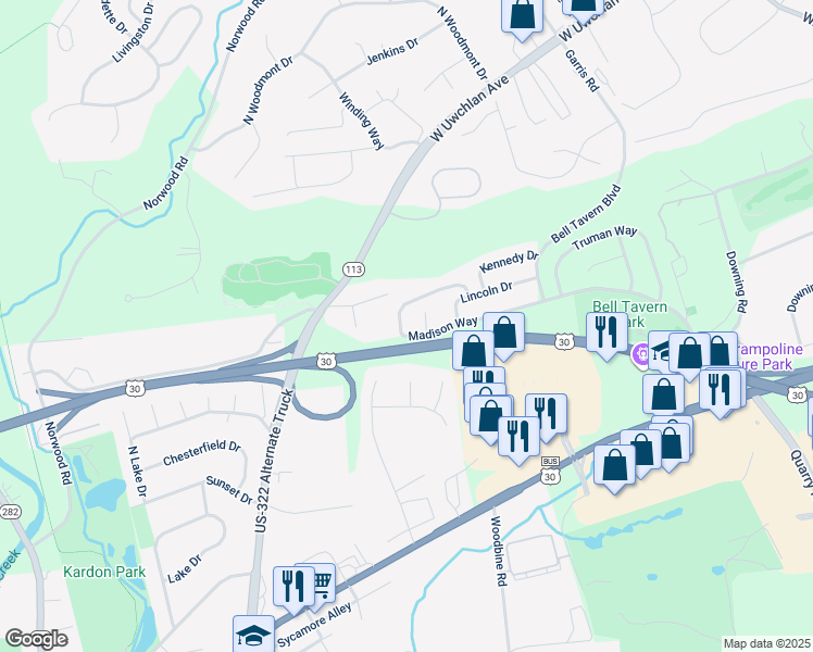 map of restaurants, bars, coffee shops, grocery stores, and more near 100 Madison Way in Downingtown