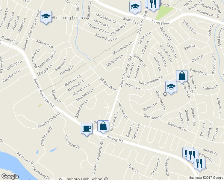 map of restaurants, bars, coffee shops, grocery stores, and more near 9 Millbrook Drive in Willingboro