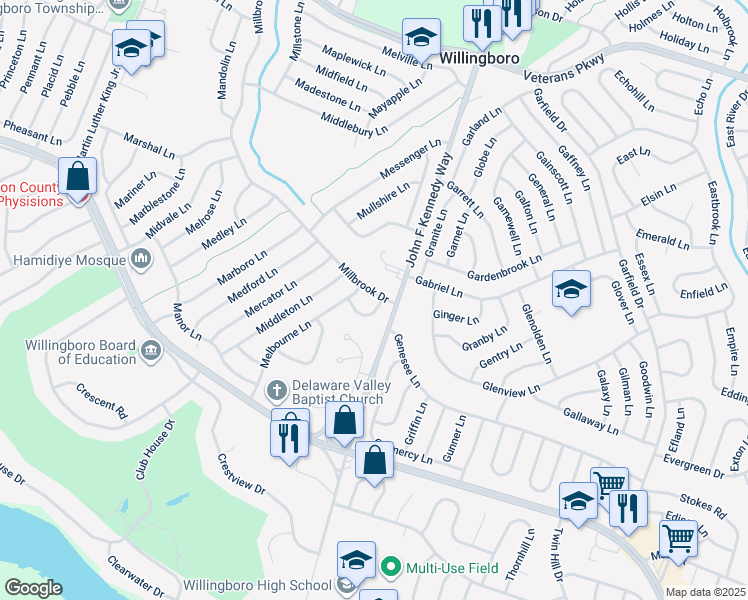 map of restaurants, bars, coffee shops, grocery stores, and more near 9 Millbrook Drive in Willingboro