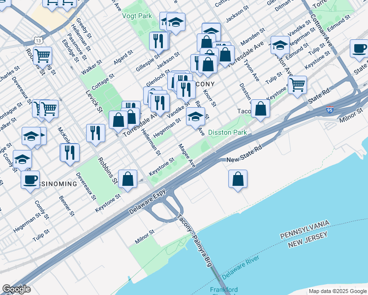 map of restaurants, bars, coffee shops, grocery stores, and more near 6600 Keystone Street in Philadelphia