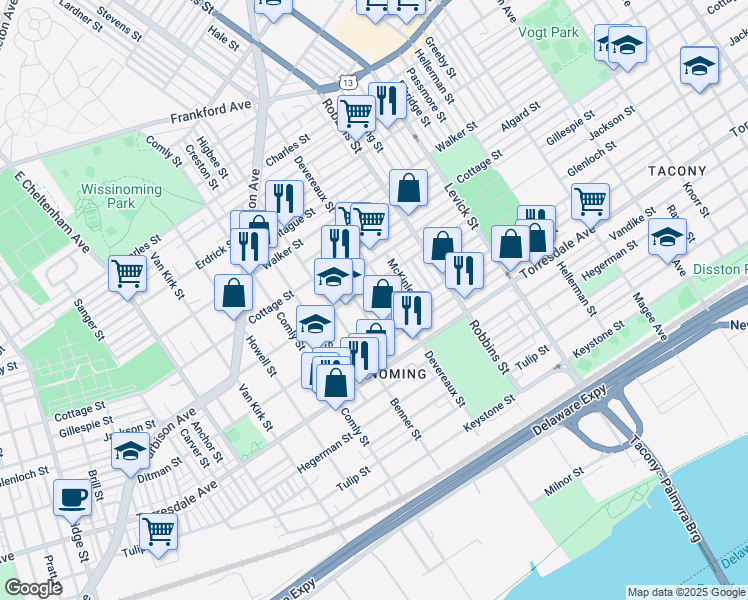 map of restaurants, bars, coffee shops, grocery stores, and more near 6132 Glenloch Street in Philadelphia