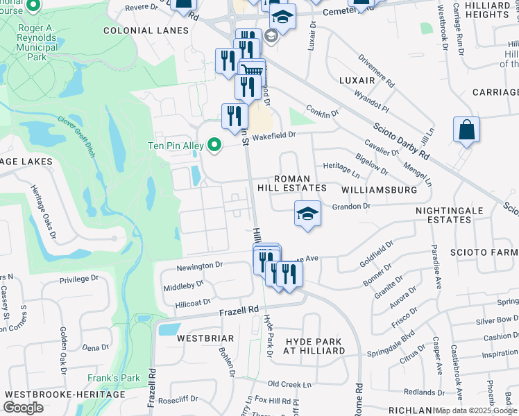 map of restaurants, bars, coffee shops, grocery stores, and more near 3418 Main Street in Hilliard