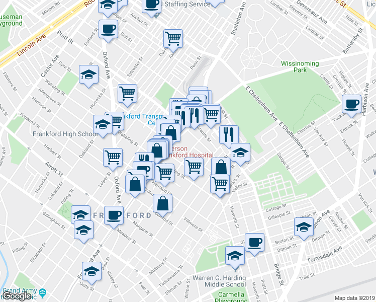 map of restaurants, bars, coffee shops, grocery stores, and more near 1637 Dyre Street in Philadelphia