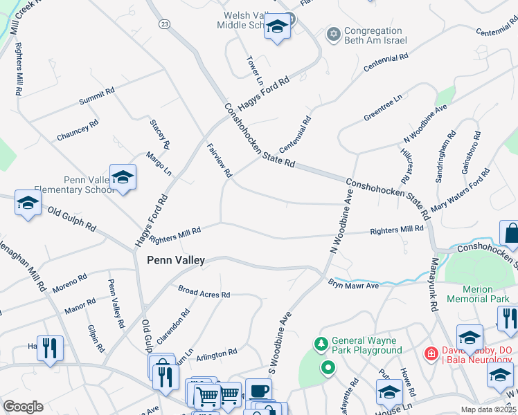 map of restaurants, bars, coffee shops, grocery stores, and more near 514 Fairview Road in Penn Valley