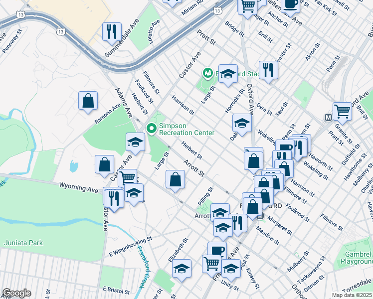 map of restaurants, bars, coffee shops, grocery stores, and more near 1132 Herbert Street in Philadelphia