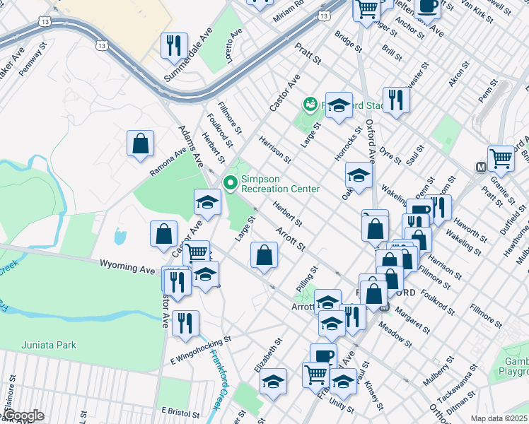 map of restaurants, bars, coffee shops, grocery stores, and more near 1117 Arrott Street in Philadelphia