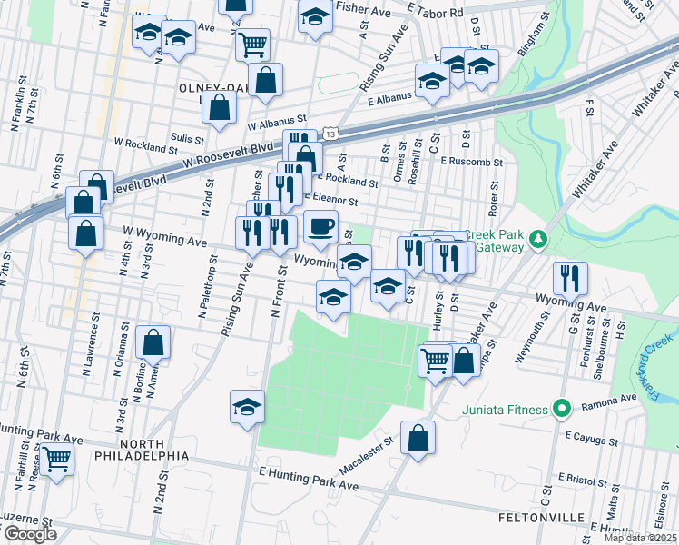 map of restaurants, bars, coffee shops, grocery stores, and more near 218 E Wyoming Ave in Philadelphia