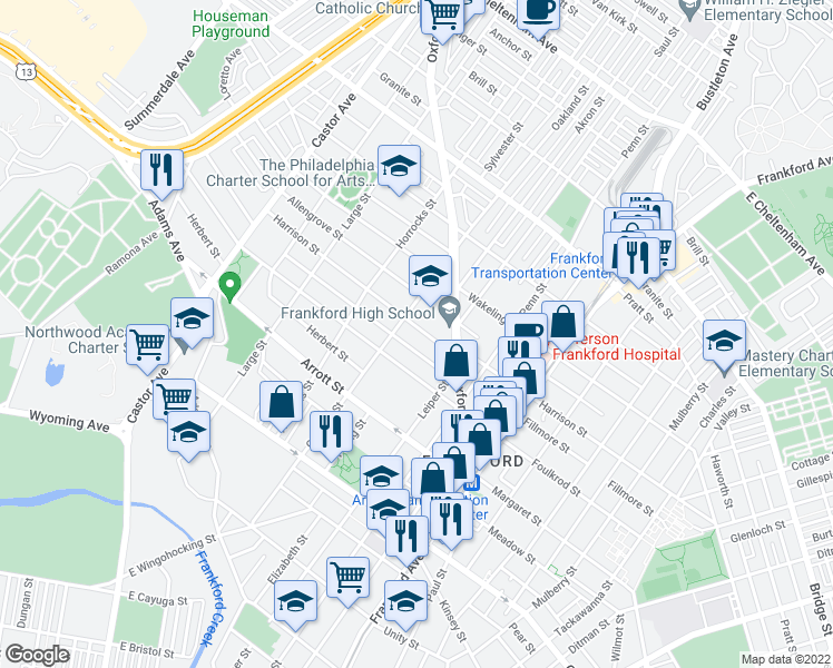 map of restaurants, bars, coffee shops, grocery stores, and more near 1322 Harrison Street in Philadelphia