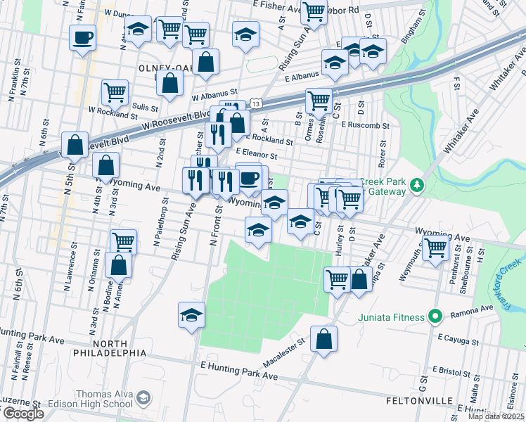 map of restaurants, bars, coffee shops, grocery stores, and more near 218 E Wyoming Ave in Philadelphia
