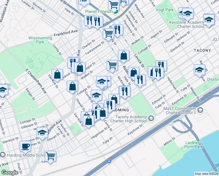 map of restaurants, bars, coffee shops, grocery stores, and more near 6117 Jackson Street in Philadelphia