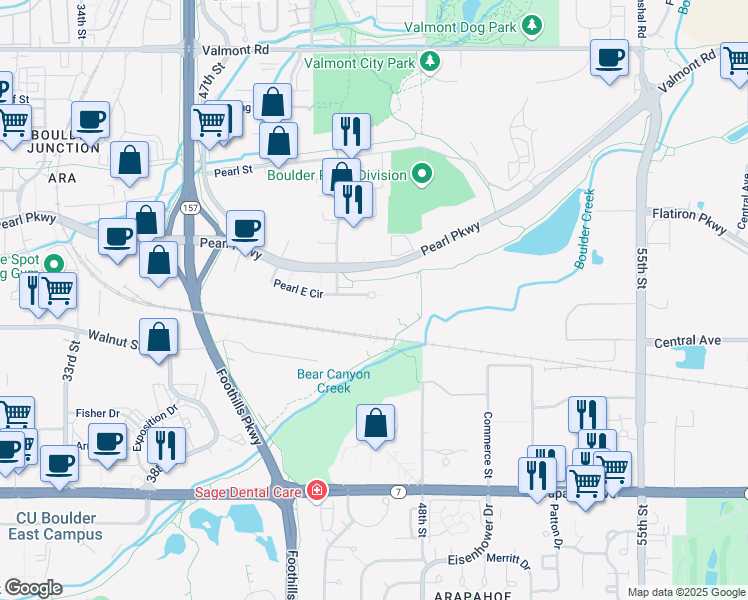 map of restaurants, bars, coffee shops, grocery stores, and more near 4990 Pearl East Circle in Boulder