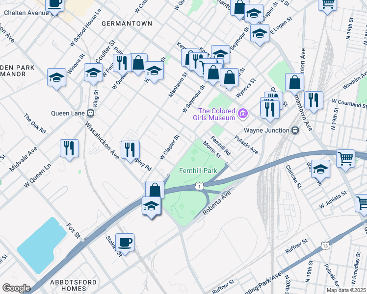 map of restaurants, bars, coffee shops, grocery stores, and more near 433 West Abbottsford Avenue in Philadelphia