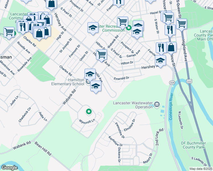 map of restaurants, bars, coffee shops, grocery stores, and more near 657 Euclid Avenue in Lancaster
