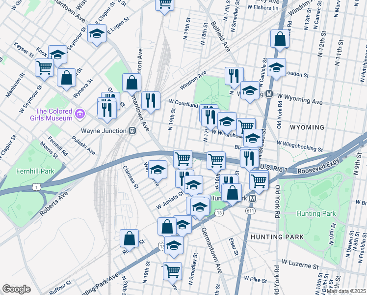 map of restaurants, bars, coffee shops, grocery stores, and more near 1803 West Cayuga Street in Philadelphia