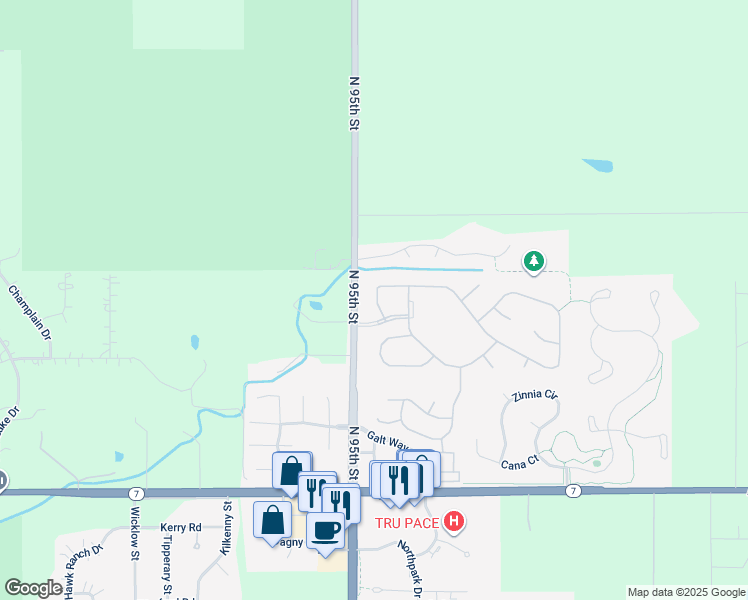 map of restaurants, bars, coffee shops, grocery stores, and more near 2587 Ginny Way in Lafayette
