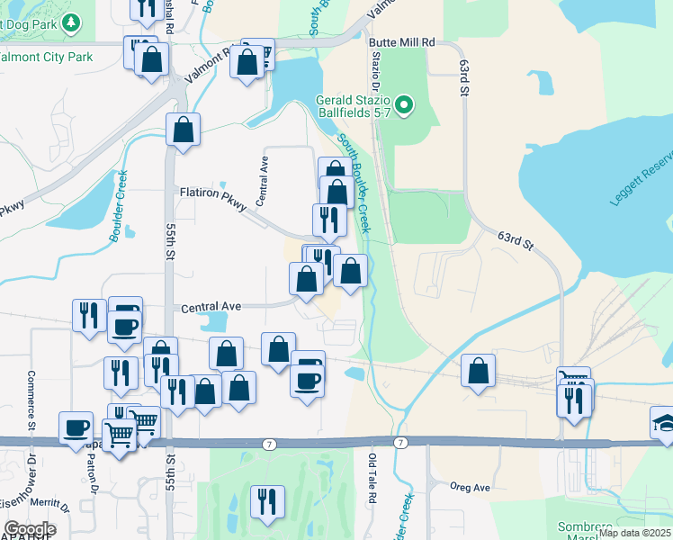 map of restaurants, bars, coffee shops, grocery stores, and more near 2100 Central Avenue in Boulder