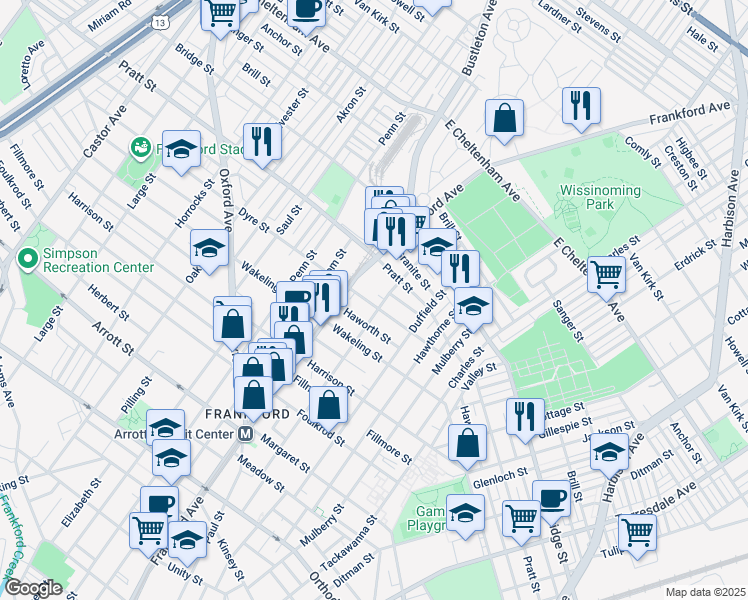 map of restaurants, bars, coffee shops, grocery stores, and more near 1633 Dyre Street in Philadelphia