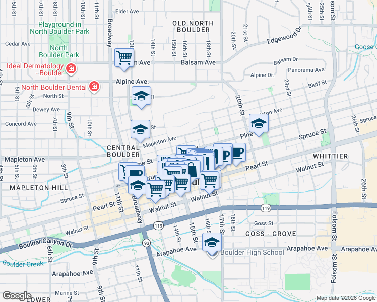 map of restaurants, bars, coffee shops, grocery stores, and more near Pine St & 16th St in Boulder