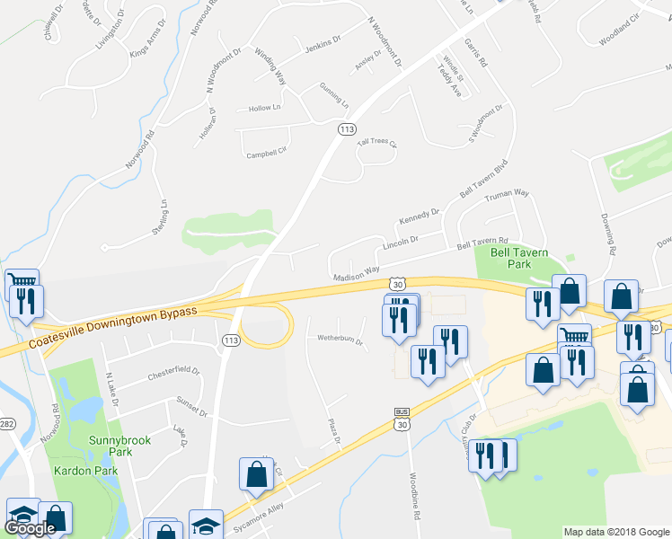 map of restaurants, bars, coffee shops, grocery stores, and more near 102 Madison Way in Downingtown