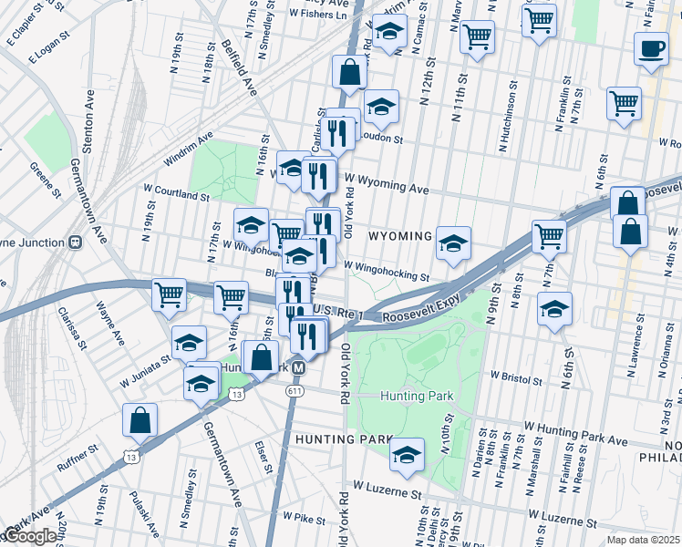 map of restaurants, bars, coffee shops, grocery stores, and more near 4424 Old York Road in Philadelphia
