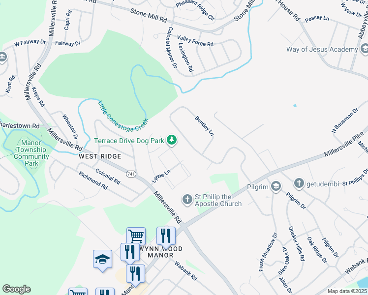 map of restaurants, bars, coffee shops, grocery stores, and more near 104 Bentley Lane in Lancaster