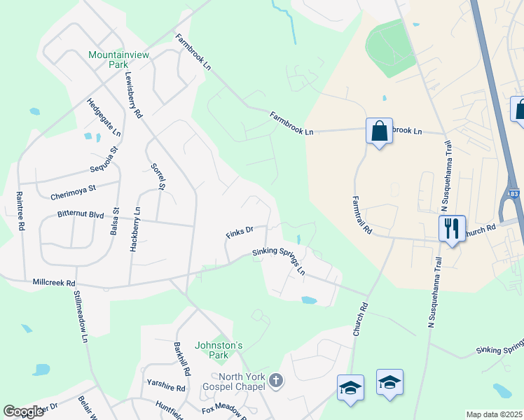 map of restaurants, bars, coffee shops, grocery stores, and more near 3160 Lehr Drive in York