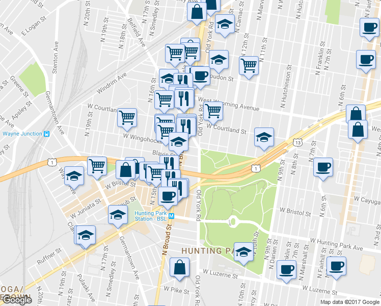 map of restaurants, bars, coffee shops, grocery stores, and more near 1319 Blavis Street in Philadelphia