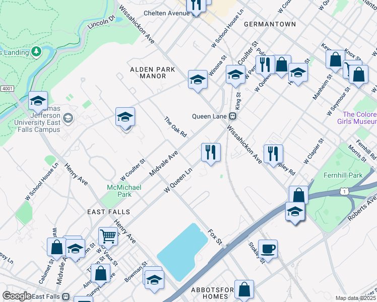 map of restaurants, bars, coffee shops, grocery stores, and more near 2920 Midvale Avenue in Philadelphia