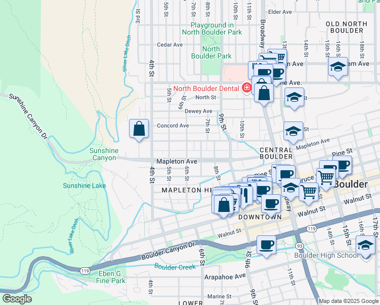 map of restaurants, bars, coffee shops, grocery stores, and more near 624 Maxwell Avenue in Boulder