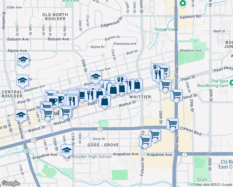 map of restaurants, bars, coffee shops, grocery stores, and more near 2220 Spruce Street in Boulder