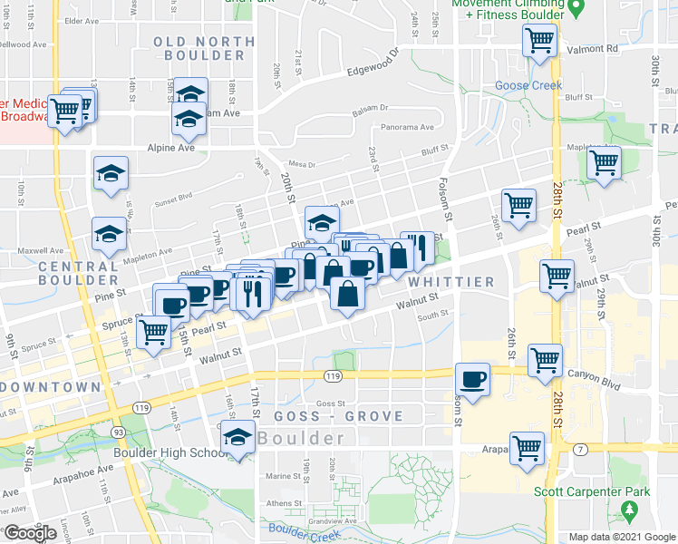 map of restaurants, bars, coffee shops, grocery stores, and more near 2105 Spruce Street in Boulder