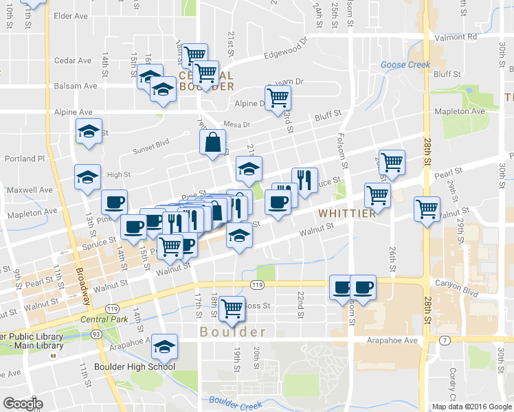 map of restaurants, bars, coffee shops, grocery stores, and more near 2105 Spruce Street in Boulder