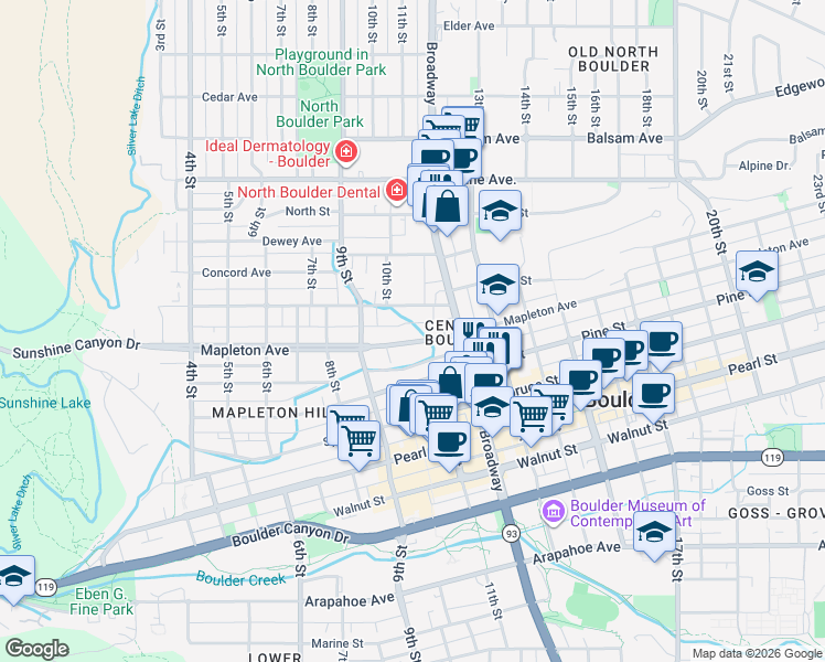 map of restaurants, bars, coffee shops, grocery stores, and more near 1020 Maxwell Avenue in Boulder