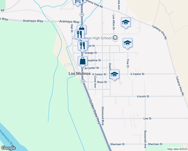 map of restaurants, bars, coffee shops, grocery stores, and more near 25132-25162 South Center Street in Los Molinos