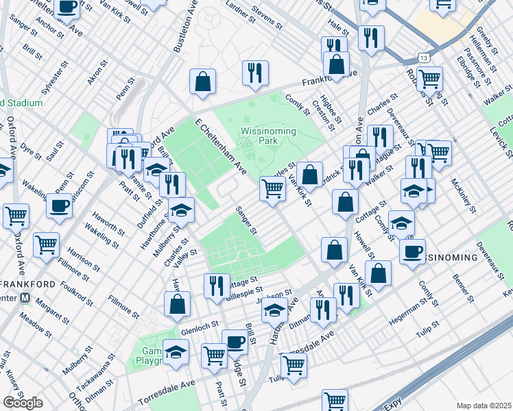 map of restaurants, bars, coffee shops, grocery stores, and more near 5431 Tackawanna Street in Philadelphia